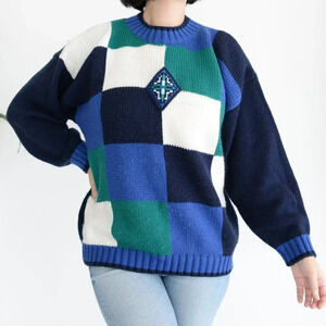 Vintage  Impulse Blue & Green Colour Block Chunky Knit Sweater Large